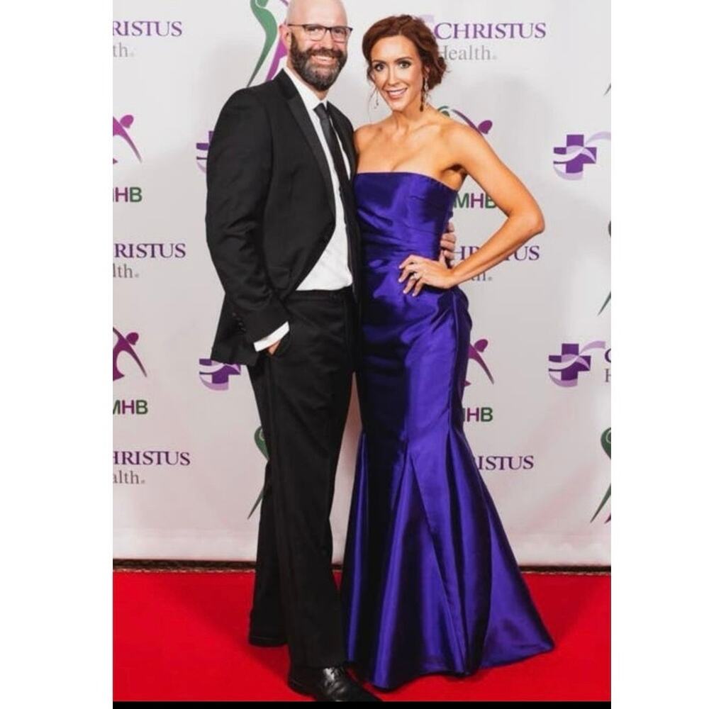 BADGLEY MISCHKA Purple Strapless Straight Neckline Mermaid Amethyst Mikado Gown